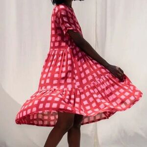 OSEI-DURO Layer Dress Queen Me Red Pink Checked Tiered Midi Flowy Side Pockets S